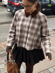 Aiertu - Patchwork Plaid Cape Style Jacket Coat Lapel Vintage Pocket Short Overcoat Loose Casual Fashion Temperament Women Outwear Spring Aiertu