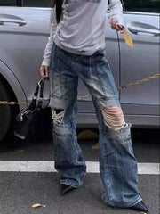 Aiertu - Women's Vibe Dirty Distressed Blue Jeans Summer Cool Girl Wide-leg Denim Trousers Vintage Bottoms Female High Waisted Pants Aiertu