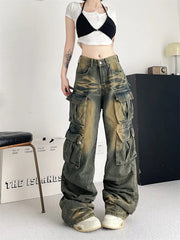 Aiertu - Women's Tie Dyed Patterns Multiple Pockets Unisex Jeans Street Summer Trousers Young Girl Street Bottoms Female Denim Pants Aiertu