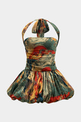Aiertu Watercolor Print Satin Ruched Backless Zipper Tie Up Mini Dress Aiertu