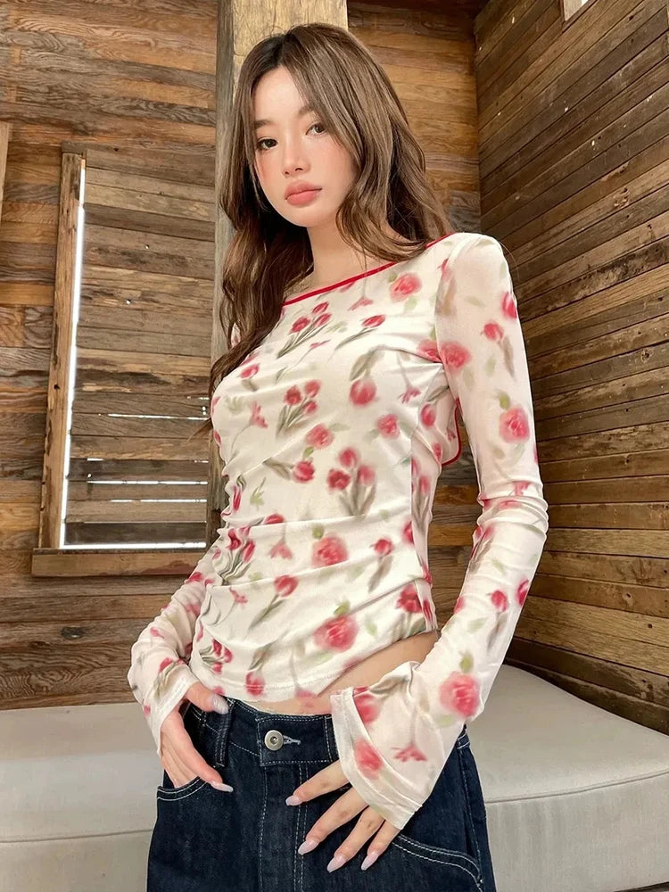 Aiertu Sexy Backless Mesh T Shirt Women Slim Long Sleeve Floral Tops Korean Vintage Casual Hollow Out Lace Up Female Design Tees Aiertu
