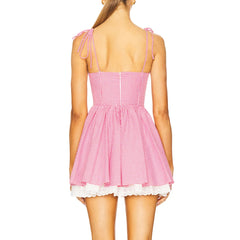 Aiertu - Hit Color Spliced Lace Up Slimming Dresses for Women Square Neck Sleeveless High Waist Temperament Dress Female Aiertu