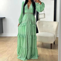 Aiertu - Elegant Lace Deep V-neck Pleated Long Dress Women's Casual Long Sleeve Solid Party Dress Fahsion Hight Waist Slim Evening Dress Aiertu