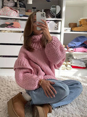 Aiertu - Oversized Turtleneck Blue Knitted Pullover For Women Loose Long Lantern Sleeve Sweater Tops Autumn New Lady High Streetwear Aiertu