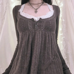 Aiertu - Women Vintage Solid Sweater Top Long Sleeve Button Front Knitted Babydoll Top 00S Retro Y2K Fairy Grunge Aesthetic Knitwear Aiertu