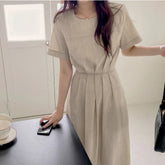Aiertu Women's Summer Vintage Long Dress with Belt Bright Line Decoration Slim Waist A-line Midi Sundress Female Aiertu