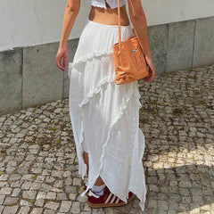 Aiertu - Y2K White Trim Midi Skirts Women Split Low Waisted Tie Up Long Skirts Women Fairycore Summer French Skirts Holiday Beach Aiertu