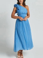 Aiertu - Elegant Party Dress Women Skew-collar Pleated A-line Midi Evening Dresses Female 2025 Spring Summer Casual Vacation Lady Robe Aiertu