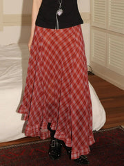 Aiertu - Irregular Fungus Hem Long Skirt Women New Mid Waist Chiffon A-line Skirts Summer Fashion Vintage Casual Red Plaid Long Skirt Aiertu