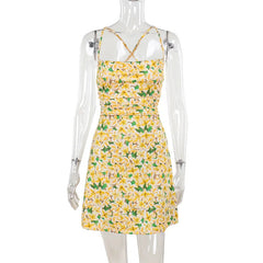 Aiertu - Chic Sexy Floral Print Lace-up Backless Summer Party Dresses for Women 2026 Slash Neck Sleeveless Tunics Vacation Beach Dress Aiertu