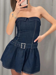 Aiertu - Sexy Women's Denim Mini Dress Adjustable Belt Strapless Ruffle Hem Dresses Lady Summer New Casual Party Club Wear 2025 Aiertu