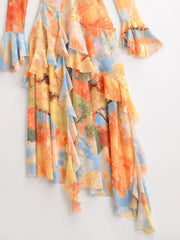 Aiertu - European and American style mesh print one shoulder sexy slim dress female autumn new irregular long skirt Aiertu