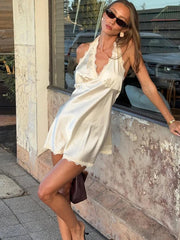 Aiertu - Lace Halter Mini Dress For Women V neck Sleeveless Elegant Splice Lace Up Dress Bodycon Female Club Party Backless Dress Aiertu