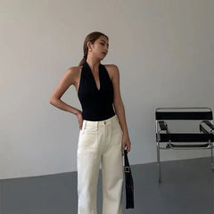 Aiertu - Summer Hot Girls New Summer Women Vest Tops Halter Neck Sleeveless Slim Sexy Camisole Tanks Deep V-neck Mature Black Vests Aiertu
