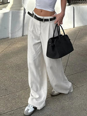 Aiertu - Casual White Loose Suit Pants with Belt Women Summer Street Style Baggy Straight Trouser Korean Fashion All-match Capris Aiertu
