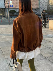 Aiertu - Fall Outfits 2026 Fashion Retro Brown Zipper Suede Leather Coat Women Elegant Stand Collar Zipper Pocket Long Sleeve Jacket Autumn Lady Outwear Aiertu