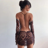 Aiertu Women‘s Summer Mesh Leopard See-throug Tie-up Backless Mini Dress Flare Long Sleeve Beach Vacation Cover-ups Sundress Aiertu