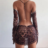 Aiertu Women‘s Summer Mesh Leopard See-throug Tie-up Backless Mini Dress Flare Long Sleeve Beach Vacation Cover-ups Sundress Aiertu
