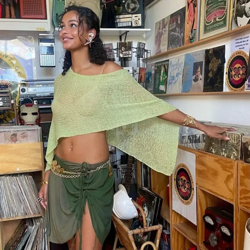 Aiertu - Thin See Through Irregular Knit Cover Ups Crop Tops Women Sexy Inclined Shoulder Summer Holiday Beach Smock Pullover Shawl Tees Aiertu
