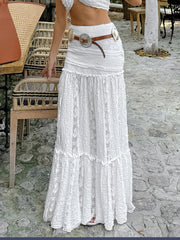 Aiertu - New Lace Patchwork White Long Skirt Women High Elastic Waist Textured A-line Maxi Skirts Summer Casual Fashion Holiday Faldas Aiertu