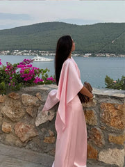 Aiertu - Elegant Pink Satin Half Flare Sleeved Long Dress Women Fashion O Neck Bodycon Maxi Dresses 2026 New Lady Vocation Party Robes Aiertu
