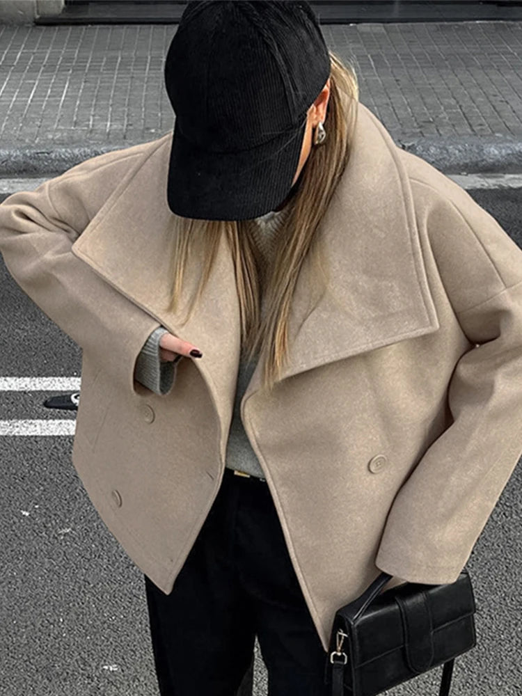 Aiertu - Double Breasted Solid Women Coat Long Sleeve Turn-down Collar Female Jacket Fashion Loose Elegant Autumn Lady Outwear Aiertu