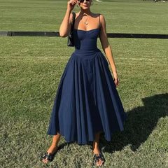 Aiertu - party look snspos Backless Spaghetti Strap Long Dress Women's Sexy Slim Sleeveless Party Resort Dress Solid A-Line Pleated Long Dress Aiertu