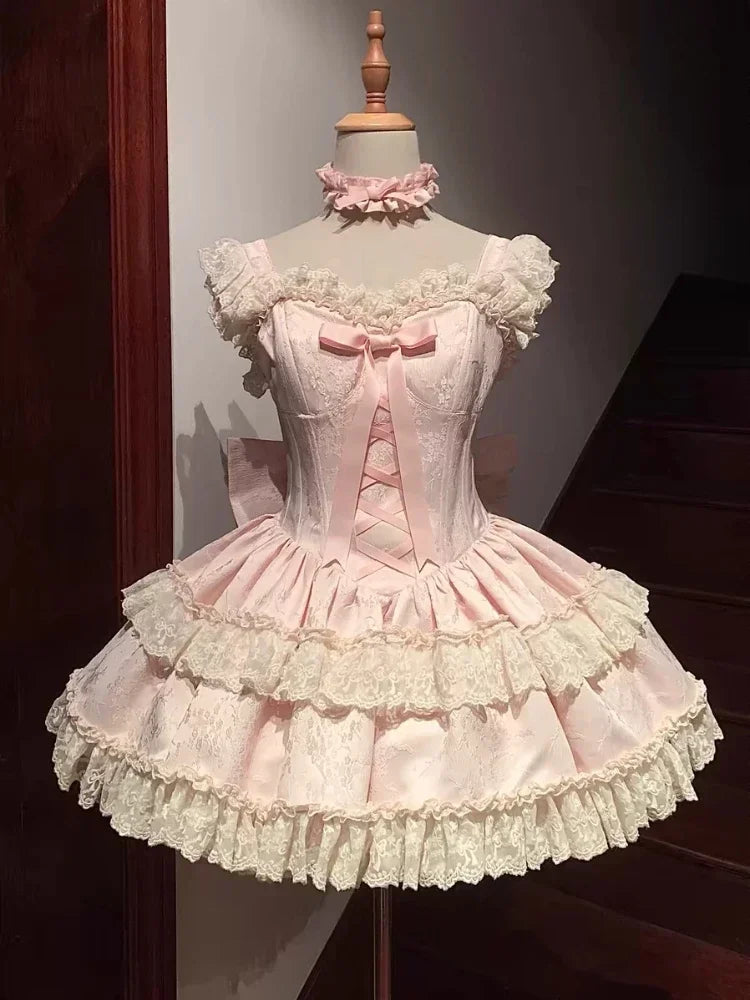 Aiertu - Japanese Sweet Lolita Style Princess Dress Women Kawaii Cute Lace Bow Slim Mini Dresses Elegant Y2k Harajuku Evening Party Dress Aiertu