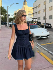 Aiertu - Denim Halter Short Dress Cowboy Pleated Flower Bud Slim Fit Sexy Waist Cinching Suspender Women Square Collar Camisole Dresses Aiertu