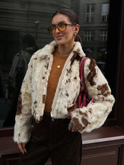 Aiertu - Women Autumn Casual Faux Fur Lapel Crop Jacket Fashion Cow Pattern Fuzzy Long Sleeve Coat Female Chic Zipper Outerwear Aiertu