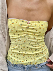 Aiertu - summer inspo Yellow Floral Print Sleeveless Strapless Slim Cute Y2K Tube Top Women Lace Trim Shirring 2000sSummer Holiday Clothing Aiertu