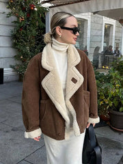 Aiertu - Vintage Patchwork Women Jacket Lapel Lamb Wool Pocket Lady Coat 2024 Fashion Full Sleeve Autumn Winter Warm Thicken Female Top Aiertu