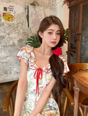 Aiertu - Summer Floral Dress Women Dresses Print Flowers Lace-up Female Long Dress Female Clothing Aiertu