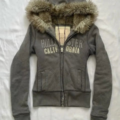 Aiertu - Y2K Zipper Gothic Letter Printed Fur Collar Hoodie Slim Fit Comfortable Casual Grey Sportswear Warm Top Women Cardigan Aiertu