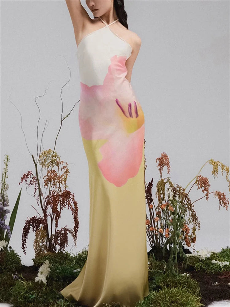 Aiertu - Fashion Printed Backless Maxi Dress Female Summer 2025 Slim Sleeveless Contrast Loose Halter Dress Women's Y2k Long Dress Aiertu