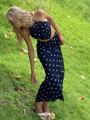 Aiertu - Sexy Polka Dot Print 2-Piece Set Women Halter Bandage Halter Backless Sleeveless Mini Tops+Straight Skirt Matching Suit Aiertu