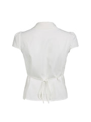 Aiertu - summer inspo Solid Shirring Button Up Turn Down Collar Short Sleeve White Shirts Women Simple Casual Summer Clothes Aiertu