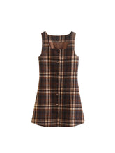 Aiertu Women Fashion Plaid Lace Up Single Breasted Mini Dress Vintage Square Collar Sleeveless Female Chic Lady Dresses Aiertu