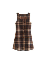 Aiertu Women Fashion Plaid Lace Up Single Breasted Mini Dress Vintage Square Collar Sleeveless Female Chic Lady Dresses Aiertu