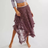 Aiertu - Floral Lace Long Skirt for Women Y2K Elastic Waist Asymmetrical Layered Maxi Skirt Sexy See Through Flowy Beach Skirt Aiertu