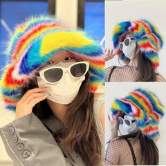 Aiertu - Rainbow Spliced Fisherman Hat Multi color Fashion Autumn and Winter ins Fur Fisherman Hat Warm Pot Hat Show Small Face Aiertu