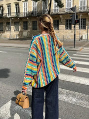 Aiertu - Women Fashion Colorful Stripes Crochet Knitted Cardigan Elegant Long Sleeves Open Front Sweater Coat 2026 Autumn High Streetwear Aiertu