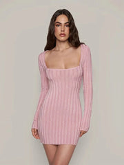Aiertu - Knitted Square Collar Women Dresses Long Sleeve Hip Package Lady Dress 2026 Fashion Elegant Sexy High Waist Slim Lady Mini Robe Aiertu