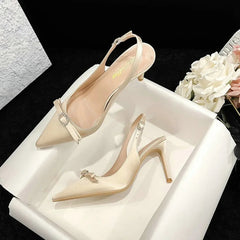 Aiertu - New Summer Women'S Sandals Thin Heel Pointy Bao Head Champagne Satin Fashion Korean Version After Autumn Empty Heels Aiertu