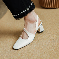 Aiertu New Summer Women Sandals Genuine Leather Shoes for Women Square Toe Chunky Heel Shoes Simple Cover Toe Slingback Buckle Sandals Aiertu
