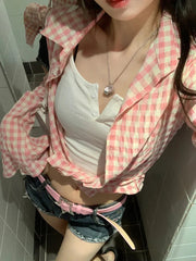 Aiertu - Y2k Pink Plaid Women Shirts Check Graphic Long Sleeve Blouses Female Spring Autumn Sexy Slim Button Up Cardigan Chic Ins Aiertu