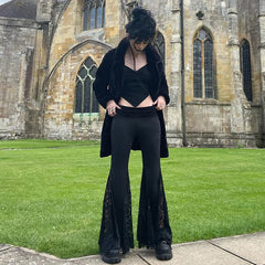 Aiertu - Women's 2025 Autumn Spring Fashion Streetwear Lady Casual Patchwork Lace Flare Pants Sexy Slim Mid-Waisted Wide Leg Pants Aiertu