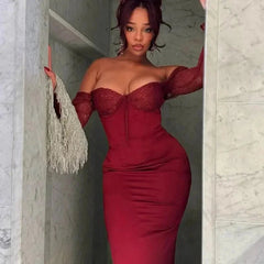 Aiertu - Chic Burgundy Frenulum Slim Fit Dress Women Elegant Lace Long Sleeved Square Neck Gown Autumn Evening Party Lady Bodycon Vestido Aiertu