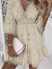 Aiertu - Elegant Lace Mini Dress Women Three Quarter Sleeve Dress Female V Neck Patchwork Lace Up Dress Ladies Vacation Beach Dress Aiertu
