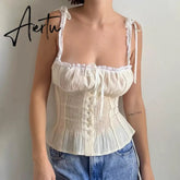 Fairy Cottage Y2K Crop Tops Kawaii Ribbons Bowknot Lace Trim Camisole Low Cut Button Up Slim Fit Vest 90s Vintage Women Tank Top Aiertu